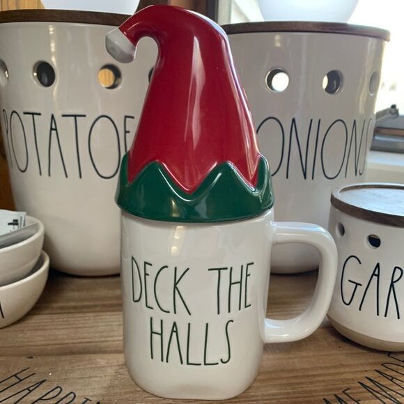 Rae Dunn DECK THE HALLS Christmas Mug with Elf Hat Topper Green Letters 🎄 - Picture 1 of 3